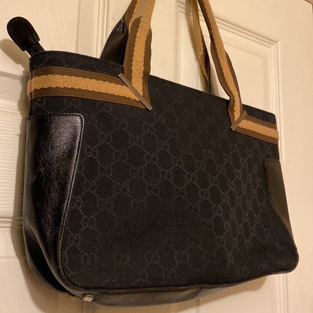 Gucci GG Canvas leather tote bag Black with beige handle - Picture 5 of 14